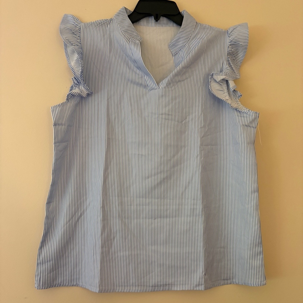 Blue White Pinstripe Ruffle Sleeve V Neck Stretch Blouse Women’s Large